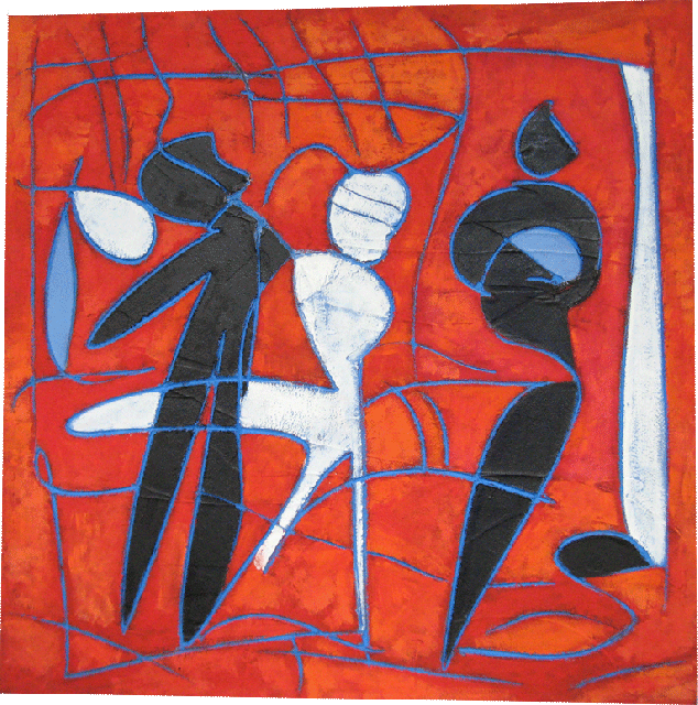 Tre figure su fondo rosso